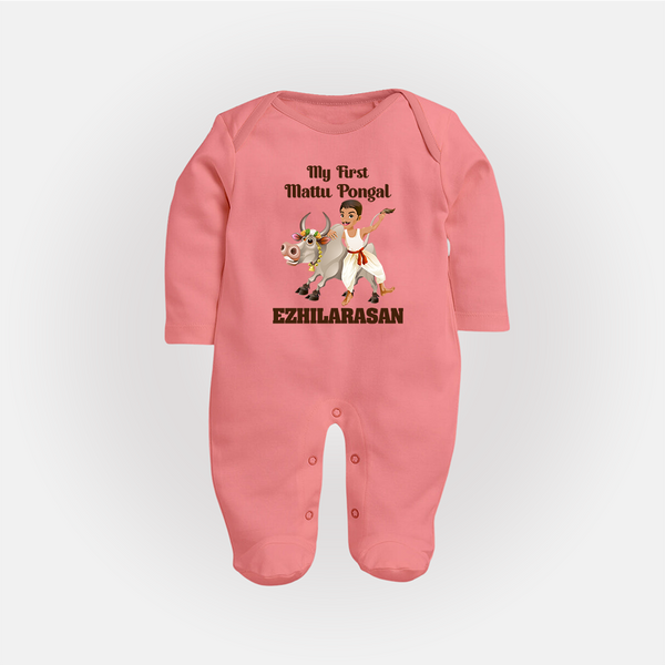 My First Mattu Pongal – Kid & Cow | Customized Fullbody Suit for baby - PEACH - New Born (Chest 7.5")