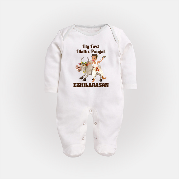 My First Mattu Pongal – Kid & Cow | Customized Fullbody Suit for baby - WHITE - New Born (Chest 7.5")