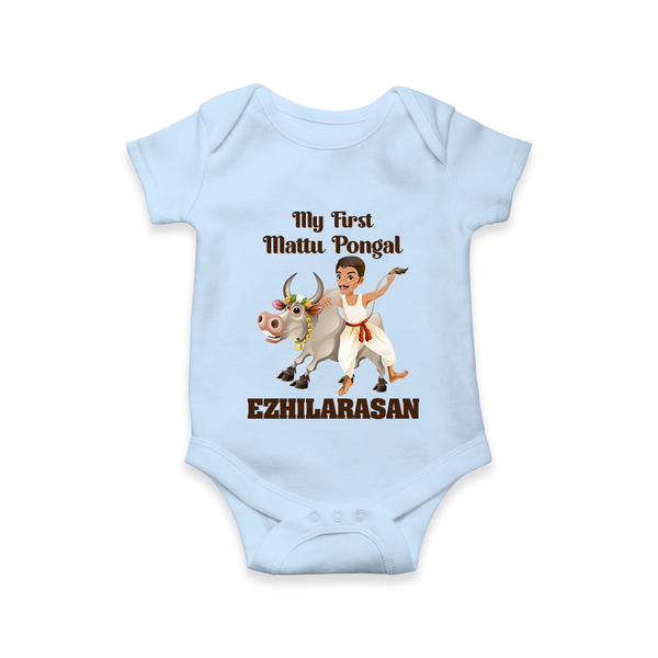 My First Mattu Pongal – Kid & Cow | Customized Romper for baby - BABY BLUE - New Born (Chest 14")
