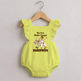 My First Mattu Pongal – Kid & Cow | Customized Romper frock for baby - PASTEL YELLOW - 0 - 3 Months Old (Chest 19")