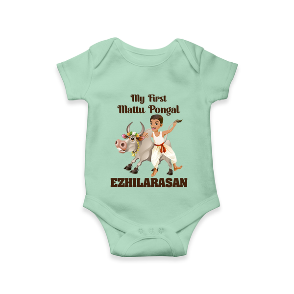 My First Mattu Pongal – Kid & Cow | Customized Romper for baby - MINT GREEN - New Born (Chest 14")