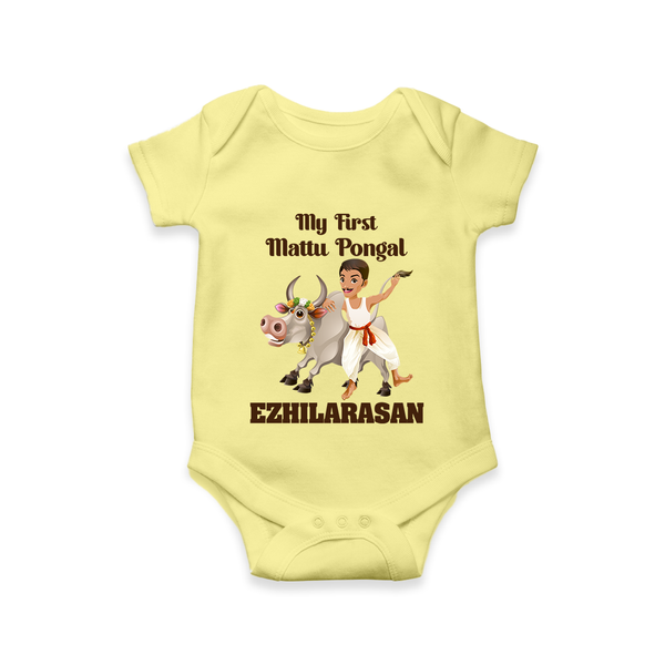 My First Mattu Pongal – Kid & Cow | Customized Romper for baby - PASTEL YELLOW - New Born (Chest 14")
