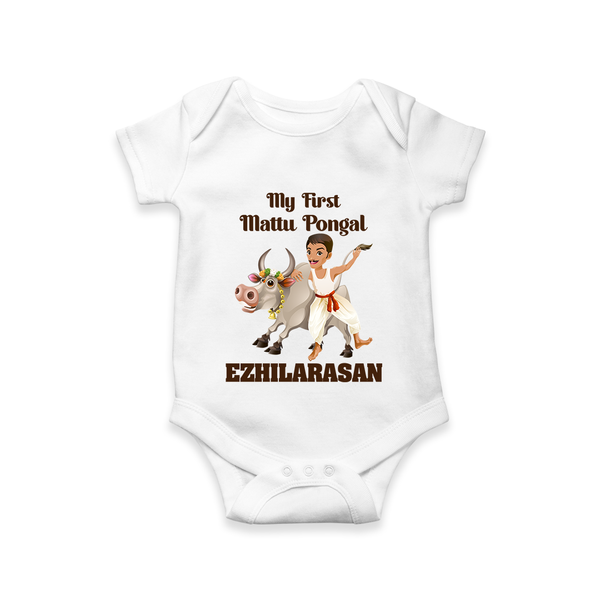 My First Mattu Pongal – Kid & Cow | Customized Romper for baby - WHITE - New Born (Chest 14")