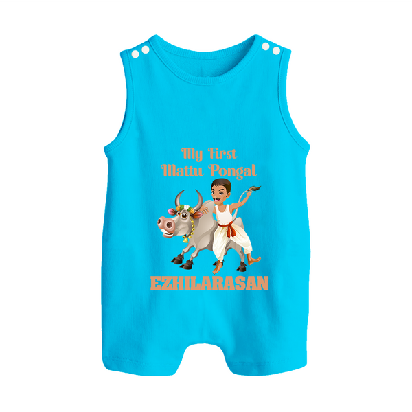 My First Mattu Pongal – Kid & Cow | Customized Romper Suit for baby - SKY BLUE - 0 - 5 Months Old (Chest 18")