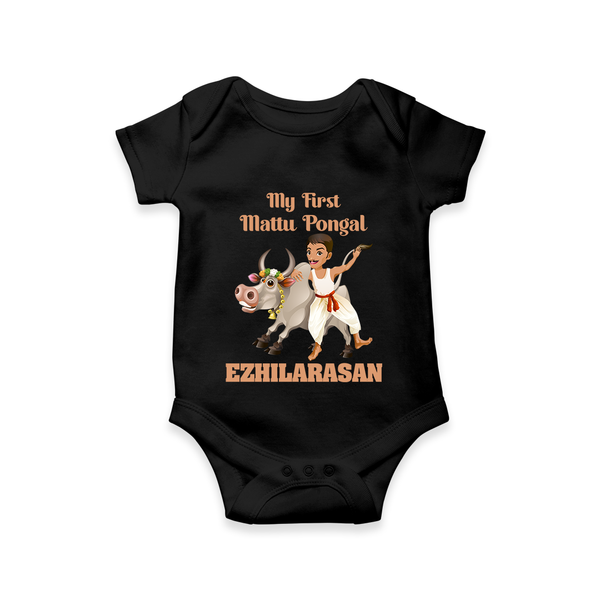 My First Mattu Pongal – Kid & Cow | Customized Romper for baby - BLACK - New Born (Chest 14")