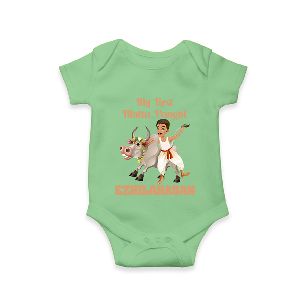My First Mattu Pongal – Kid & Cow | Customized Romper for baby - GREEN - New Born (Chest 14")