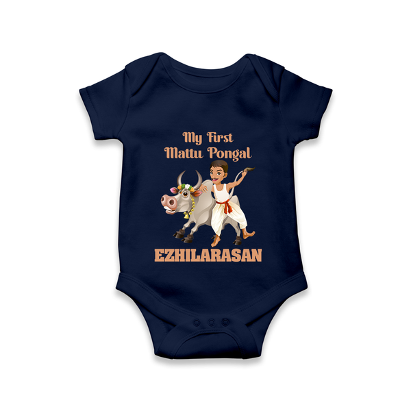 My First Mattu Pongal – Kid & Cow | Customized Romper for baby - NAVY BLUE - New Born (Chest 14")