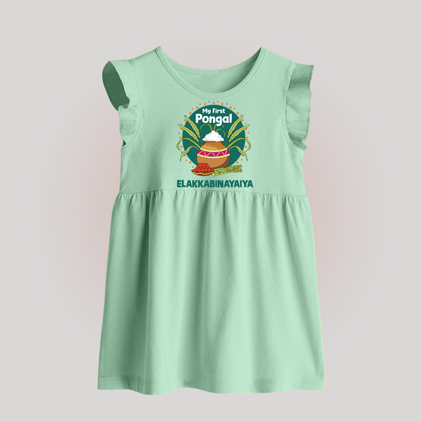 My First Pongal – Pot & Sugarcane Badge | Customized Baby frock for baby - MINT GREEN - 0 - 3 Months Old (Chest 17")