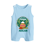My First Pongal – Pot & Sugarcane Badge | Customized Romper Suit for baby - BABY BLUE - 0 - 5 Months Old (Chest 18")