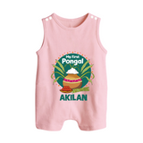 My First Pongal – Pot & Sugarcane Badge | Customized Romper Suit for baby - BABY PINK - 0 - 5 Months Old (Chest 18")