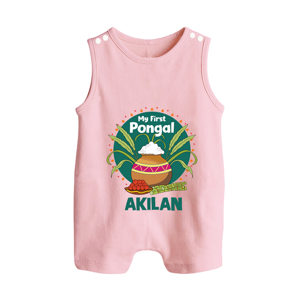 My First Pongal – Pot & Sugarcane Badge | Customized Romper Suit for baby - BABY PINK - 0 - 5 Months Old (Chest 18")
