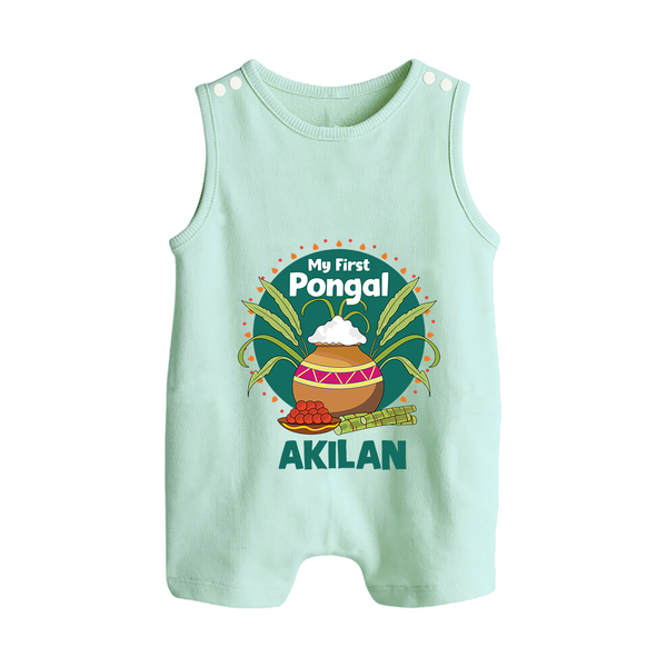 My First Pongal – Pot & Sugarcane Badge | Customized Romper Suit for baby - MINT GREEN - 0 - 5 Months Old (Chest 18")