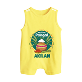 My First Pongal – Pot & Sugarcane Badge | Customized Romper Suit for baby - PASTEL YELLOW - 0 - 5 Months Old (Chest 18")