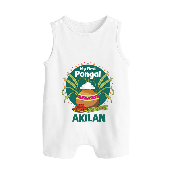 My First Pongal – Pot & Sugarcane Badge | Customized Romper Suit for baby - WHITE - 0 - 5 Months Old (Chest 18")