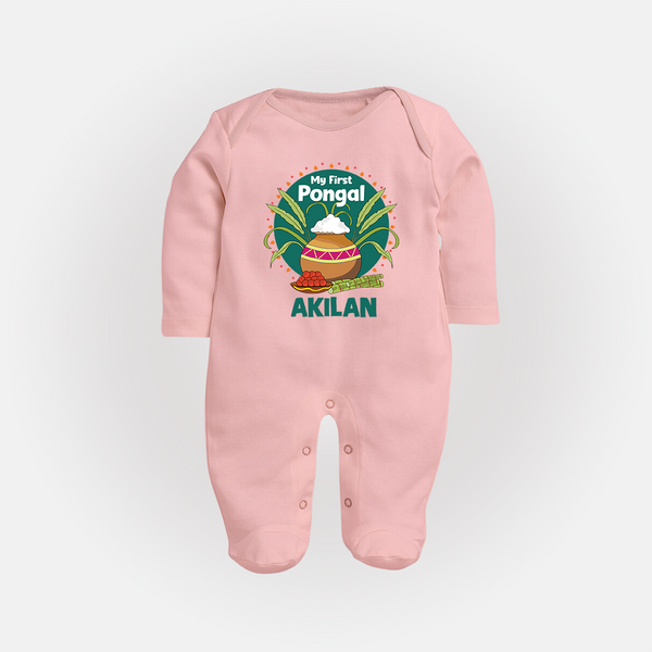 My First Pongal – Pot & Sugarcane Badge | Customized Fullbody Suit for baby - BABY PINK - New Born (Chest 7.5")