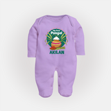 My First Pongal – Pot & Sugarcane Badge | Customized Fullbody Suit for baby - LILAC - New Born (Chest 7.5")