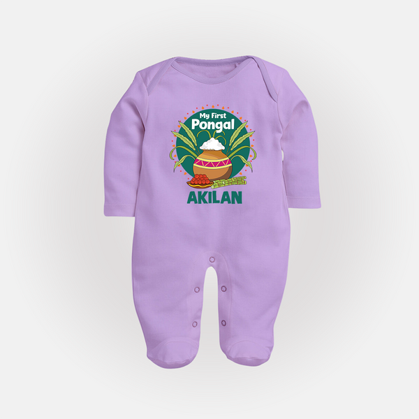 My First Pongal – Pot & Sugarcane Badge | Customized Fullbody Suit for baby - LILAC - New Born (Chest 7.5")