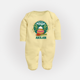 My First Pongal – Pot & Sugarcane Badge | Customized Fullbody Suit for baby - PASTEL YELLOW - New Born (Chest 7.5")