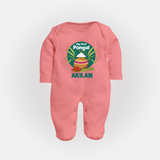 My First Pongal – Pot & Sugarcane Badge | Customized Fullbody Suit for baby - PEACH - New Born (Chest 7.5")