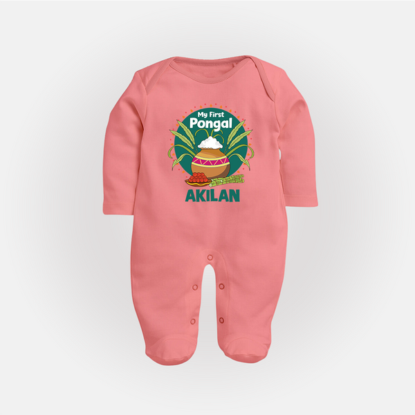 My First Pongal – Pot & Sugarcane Badge | Customized Fullbody Suit for baby - PEACH - New Born (Chest 7.5")