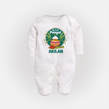 My First Pongal – Pot & Sugarcane Badge | Customized Fullbody Suit for baby - WHITE - New Born (Chest 7.5")