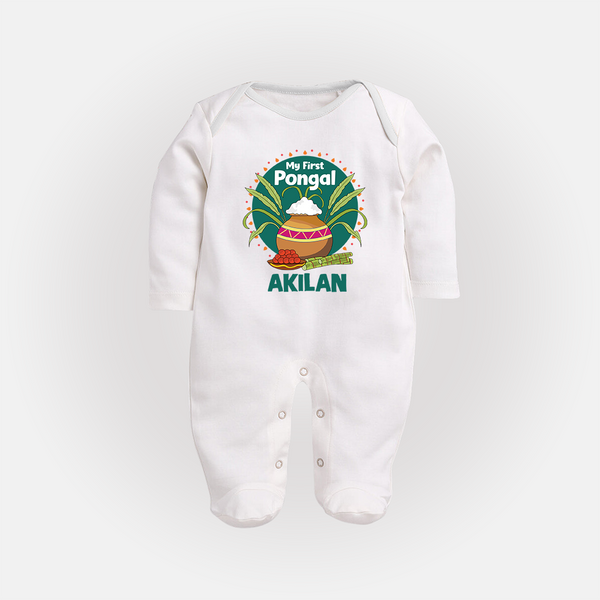 My First Pongal – Pot & Sugarcane Badge | Customized Fullbody Suit for baby - WHITE - New Born (Chest 7.5")