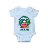 My First Pongal – Pot & Sugarcane Badge | Customized Romper for baby - BABY BLUE - New Born (Chest 14")