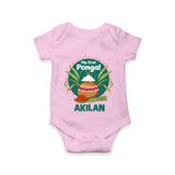 My First Pongal – Pot & Sugarcane Badge | Customized Romper for baby - BABY PINK - New Born (Chest 14")