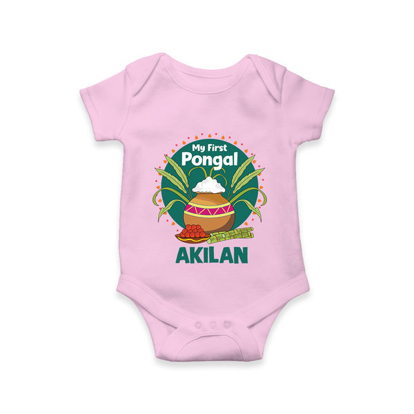 My First Pongal – Pot & Sugarcane Badge | Customized Romper for baby - BABY PINK - New Born (Chest 14")