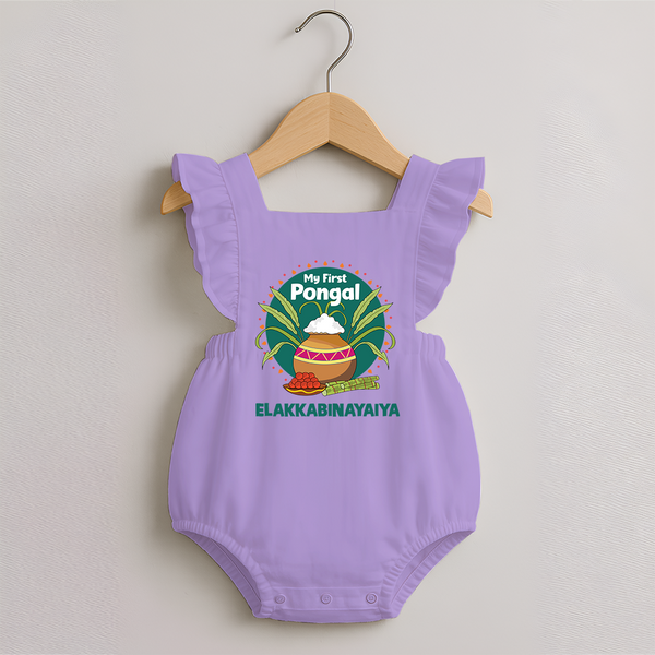 My First Pongal – Pot & Sugarcane Badge | Customized Romper frock for baby - LILAC - 0 - 3 Months Old (Chest 19")
