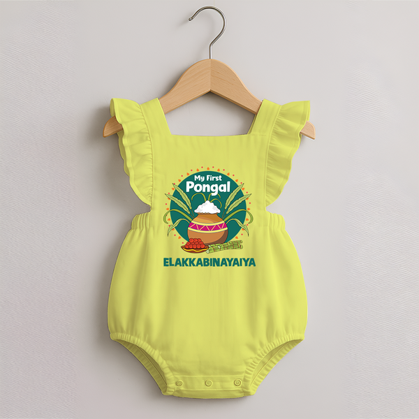 My First Pongal – Pot & Sugarcane Badge | Customized Romper frock for baby - PASTEL YELLOW - 0 - 3 Months Old (Chest 19")