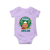 My First Pongal – Pot & Sugarcane Badge | Customized Romper for baby - LILAC - New Born (Chest 14")