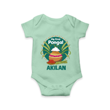 My First Pongal – Pot & Sugarcane Badge | Customized Romper for baby - MINT GREEN - New Born (Chest 14")