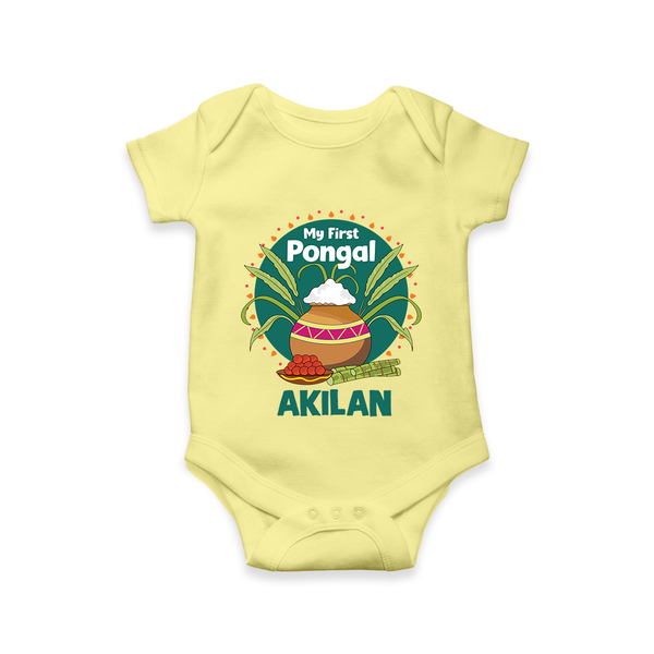 My First Pongal – Pot & Sugarcane Badge | Customized Romper for baby - PASTEL YELLOW - New Born (Chest 14")