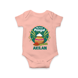My First Pongal – Pot & Sugarcane Badge | Customized Romper for baby - PEACH - New Born (Chest 14")