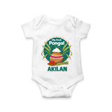 My First Pongal – Pot & Sugarcane Badge | Customized Romper for baby - WHITE - New Born (Chest 14")