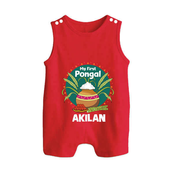 My First Pongal – Pot & Sugarcane Badge | Customized Romper Suit for baby - RED - 0 - 5 Months Old (Chest 18")