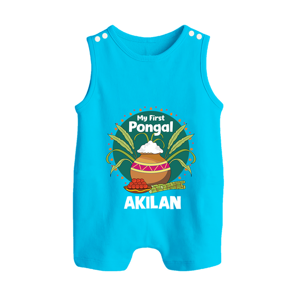 My First Pongal – Pot & Sugarcane Badge | Customized Romper Suit for baby - SKY BLUE - 0 - 5 Months Old (Chest 18")