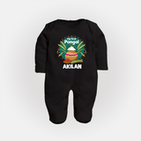 My First Pongal – Pot & Sugarcane Badge | Customized Fullbody Suit for baby - BLACK - New Born (Chest 7.5")