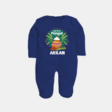 My First Pongal – Pot & Sugarcane Badge | Customized Fullbody Suit for baby - NAVY BLUE - New Born (Chest 7.5")
