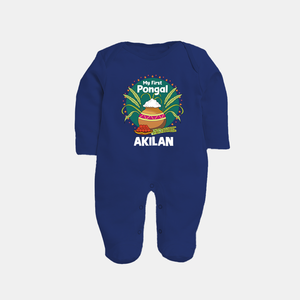 My First Pongal – Pot & Sugarcane Badge | Customized Fullbody Suit for baby - NAVY BLUE - New Born (Chest 7.5")