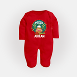 My First Pongal – Pot & Sugarcane Badge | Customized Fullbody Suit for baby - RED - New Born (Chest 7.5")