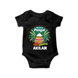 My First Pongal – Pot & Sugarcane Badge | Customized Romper for baby - BLACK - New Born (Chest 14")