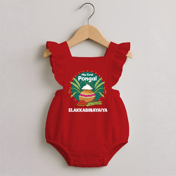 My First Pongal – Pot & Sugarcane Badge | Customized Romper frock for baby - RED - 0 - 3 Months Old (Chest 19")