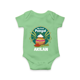 My First Pongal – Pot & Sugarcane Badge | Customized Romper for baby - GREEN - New Born (Chest 14")