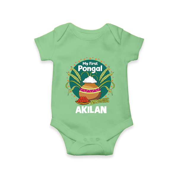 My First Pongal – Pot & Sugarcane Badge | Customized Romper for baby - GREEN - New Born (Chest 14")