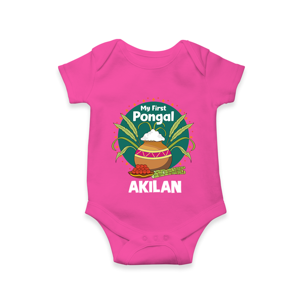My First Pongal – Pot & Sugarcane Badge | Customized Romper for baby - HOT PINK - New Born (Chest 14")