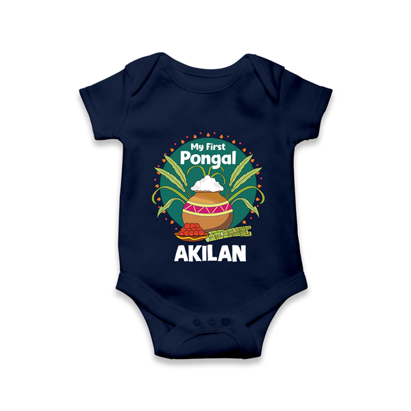 My First Pongal – Pot & Sugarcane Badge | Customized Romper for baby - NAVY BLUE - New Born (Chest 14")