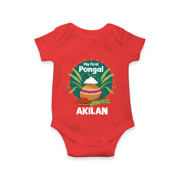 My First Pongal – Pot & Sugarcane Badge | Customized Romper for baby - RED - New Born (Chest 14")