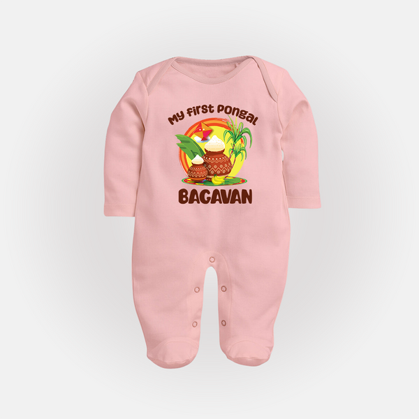 My First Pongal – Classic Pot Illustration | Customized Fullbody Suit for baby - BABY PINK - New Born (Chest 7.5")